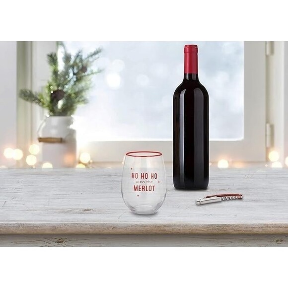 DEMDACO Ho Ho Ho Merlot 12 oz Wine Glass & Corkscrew Holiday Gift Set NEW - Picture 2 of 3